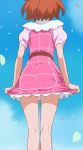  1girl from_behind go!_princess_precure haruno_haruka haruyama_kazunori petals pink_skirt precure redhead short_hair skirt sky solo 