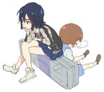  2girls black_hair brown_hair chin_rest jacket kill_la_kill letterman_jacket mankanshoku_mako matoi_ryuuko mitarashi_(ino_niban_chaya) multiple_girls nose_bubble shoes short_hair sketch skirt sleeping sneakers 