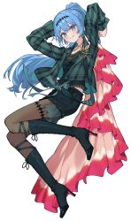  1girl absurdres black_boots black_shorts blue_eyes blue_hair blush boots brown_pantyhose commentary_request full_body grin high_heel_boots high_heels highres hololive hoshimachi_suisei jacket lace-up_boots long_hair looking_at_viewer open_clothes open_jacket pantyhose pantyhose_under_shorts plaid_clothes plaid_jacket shorts smile solo tsukino_(nakajimaseiki) virtual_youtuber 