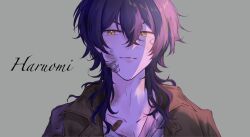  1boy bandaid bandaid_on_cheek bandaid_on_face bandaid_on_neck black_hair brown_jacket bruise character_name closed_mouth collarbone commentary_request grey_background highres injury jacket male_focus paradox_live shingu_haruomi shirt short_hair smile white_shirt yellow_eyes yulu_7777 