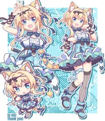  1girl :d animal_ear_fluff animal_ears arm_ribbon arm_up asymmetrical_legwear black_bow black_ribbon blonde_hair blue_background blue_boots blue_bow blue_eyes blue_ribbon blue_skirt blue_theme boots border bow bowtie cat_ears cat_girl cat_tail center_frills chibi chibi_inset commentary_request commission fang footwear_bow frilled_skirt frilled_sleeves frills full_body green_bow green_bowtie green_skirt grey_thighhighs hair_bow hands_up happy holding holding_knife knife leg_ribbon long_hair looking_at_viewer multiple_views neko-nin_exheart neko-nin_exheart_2 nekokai_ritsu ninja open_mouth outline outside_border outstretched_hand paw_pose pleated_skirt ribbon shirt short_sleeves sidelocks simple_background single_thighhigh skeb_commission skirt smile standing striped_clothes striped_thighhighs suzuno_(suzuno3110) tail tail_bow tail_ornament thigh-highs two-tone_skirt vertical-striped_clothes vertical-striped_thighhighs waving white_border white_outline white_shirt zettai_ryouiki 