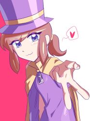  1girl :3 a_hat_in_time arm_at_side blue_eyes cape closed_mouth commentary gyaru_v hair_tie hat hat_kid hat_ribbon heart highres jacket jibung long_sleeves looking_at_viewer medium_hair pink_background ponytail purple_hat purple_jacket ribbon sidelocks smile solo speech_bubble top_hat two-tone_background untranslatable_commentary upper_body v white_background yellow_cape yellow_ribbon zipper_pull_tab 
