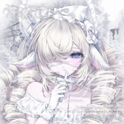  1girl :< absurdres animal_ears bare_shoulders blonde_hair blue_eyes bonnet bow chinese_commentary chinstrap commentary_request commission cross expressionless eyelashes eyepatch gloves hair_bow hair_over_one_eye hand_up heic-to-png_conversion highres holding holding_cross long_hair looking_at_viewer medical_eyepatch off-shoulder_shirt off_shoulder original portrait ribbon ringlets shirt si_bi_kuai_hua_a solo sparkle watermark white_bonnet white_bow white_gloves white_ribbon white_shirt 