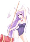  1girl animal_ears bunnysuit covered_navel detached_collar dying0414 erina_(rabi-ribi) hammer highres long_hair purple_hair rabbit_ears rabi-ribi single_thighhigh smile thigh-highs violet_eyes wrist_cuffs 