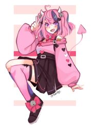  1girl ahoge black_skirt demon_girl demon_horns demon_tail heart heart_ahoge highres horns ironmouse ironmouse_(1st_costume) long_sleeves looking_at_viewer multicolored_hair open_mouth pink_hair pink_sweater pink_thighhighs purple_hair simple_background single_thighhigh skirt solo streaked_hair sweater tail thigh-highs tidotube v violet_eyes virtual_youtuber vshojo white_horns 