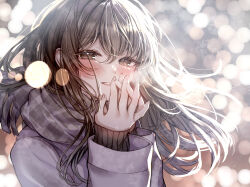 1girl absurdres backlighting black_hair blurry blurry_background blush bokeh coat commentary_request depth_of_field floating grey_coat grey_scarf hands_on_own_face hands_up highres lens_flare long_hair looking_at_viewer original own_hands_together plaid_clothes plaid_scarf puff_of_air sakura_(39ra) scarf solo sweater upper_body 