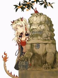  1girl arknights chinese_commentary chinese_guardian_lion closed_mouth commentary_request cowboy_shot dragon_girl dragon_horns flower_wreath head_wreath highres horns leaf long_hair looking_at_viewer multicolored_hair nian_(arknights) ning_meng_ni pointy_ears red_tube_top simple_background smile solo standing statue strapless streaked_hair tube_top v violet_eyes white_hair 