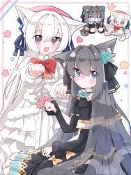  2girls animal_ears arcaea arm_cutout ascot beret bib_collar black_bow black_bowtie black_capelet black_dress black_hair blue_eyes blue_flower blue_rose bow bow_flower bowtie capelet carnation cat_ears chibi chibi_only clothing_cutout collar commentary dress dress_bow fang flower frilled_collar frilled_dress frilled_sleeves frills gem_hat_ornament hair_flower hair_ornament hair_ribbon hat hat_ribbon highres hikari_(arcaea) hikari_(fracture)_(arcaea) kemonomimi_mode layered_dress long_hair long_sleeves looking_at_viewer multiple_girls open_mouth paw_pose pink_ascot pink_carnation pink_eyes pink_flower pleated_capelet red_bow red_bowtie red_hat ribbon rose stqrea706 tairitsu_(arcaea) tairitsu_(grievous_lady)_(arcaea) untranslatable_commentary white_dress white_hair yuri 