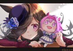  1girl animal_ears blue_flower blue_rose bobocha brown_hair character_doll closed_mouth commentary_request doll fascinator flower hair_over_one_eye haru_urara_(umamusume) hat hat_flower highres horse_ears horse_girl letterboxed long_hair long_sleeves purple_hat rice_shower_(rosy_dreams)_(umamusume) rice_shower_(umamusume) rose smile solo twitter_username umamusume violet_eyes 