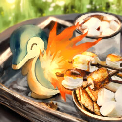  blurry blurry_background closed_eyes commentary cyndaquil fire fluffybiscotti graham_cracker no_humans pokemon pokemon_(creature) roasted_marshmallow s'more solo 