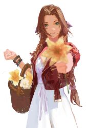  1girl absurdres aerith_gainsborough basket bracelet braid braided_ponytail commentary dress final_fantasy final_fantasy_vii final_fantasy_vii_remake flower green_eyes hair_ribbon highres holding holding_basket holding_flower jacket jewelry jolseon looking_at_viewer open_clothes open_jacket outstretched_arm parted_bangs parted_lips pink_ribbon ponytail red_jacket ribbon short_sleeves solo upper_body white_background yellow_flower 