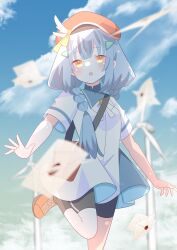  1girl 9ra4ki33 a-pose absurdres anemoi bag bike_shorts black_shorts blue_dress blue_hair blue_sky blunt_bangs blurry blurry_background braid commentary_request day depth_of_field dress foot_out_of_frame hair_ornament hairclip handbag hat highres letter long_hair looking_at_viewer low_twin_braids newsboy_cap outdoors red_bag red_hat school_uniform shirato_koyomi short_dress short_sleeves shorts sky solo standing standing_on_one_leg twin_braids two-tone_dress white_dress wind_turbine wing_hat_ornament yellow_eyes 