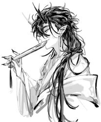  1boy alternate_costume alternate_hairstyle bishounen black_hair chinese_clothes closed_mouth commentary_request dragon_boy dragon_horns earrings eastern_dragon_horns fingernails folded_fan folding_fan from_side greyscale hand_fan hanfu holding holding_fan horns jewelry kemonomimi_mode long_hair long_sleeves low-tied_long_hair male_focus monochrome open_mouth pointy_ears profile robe sharp_fingernails shiguang_dailiren simple_background sketch smile solo tassel tassel_earrings tyoookozuki upper_body white_background wide_sleeves xiao_weiying 