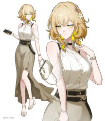  1girl absurdres aglaea_(honkai:_star_rail) alternate_costume bag bare_shoulders belt black_belt black_choker blonde_hair breasts brown_skirt casual cellphone choker closed_mouth collared_shirt colored_inner_hair commentary english_commentary flower full_body hair_flower hair_ornament hand_up handbag highres holding holding_bag holding_phone honkai:_star_rail honkai_(series) long_skirt looking_at_viewer medium_breasts multicolored_hair multiple_views parted_lips phone sandals shirt short_hair simple_background skirt smartphone smile standing twitter_username watch watch white_background white_bag white_sandals white_shirt yellow_eyes yellow_nails zoruu21 