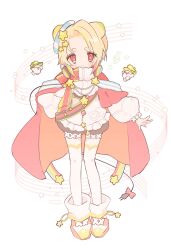  1boy animal_ears blonde_hair cape colored_tips electric_plug electric_plug_tail full_body fur_collar headphones headphones_around_neck highres kanadera maimai_(game) multicolored_hair puffy_shorts puffy_sleeves red_cape red_eyes short_eyebrows shorts tail thigh-highs white_thighhighs 