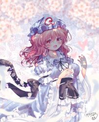  1girl black_ribbon blue_hat blue_kimono blush breasts cherry_blossoms commentary_request flower frilled_kimono frills hat highres japanese_clothes kemo_chiharu kimono large_breasts long_sleeves mob_cap neck_ribbon pink_eyes pink_flower pink_hair ribbon saigyouji_yuyuko signature sleeve_garter solo touhou triangular_headpiece wide_sleeves 