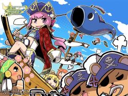  3boys 4girls anger_vein avatar_(eco) bandana blonde_hair blue_hat blue_jacket blue_shirt blue_sky bone_hair_ornament captain_kid_lore clouds cococco_alma company_name copyright_logo copyright_notice drill_hair drill_ponytail emil_chronicle_online green_bandana hair_ornament hat jacket jacket_on_shoulders koinobori logo low_drills multiple_boys multiple_girls nekomata_anzu nobuyoshi-zamurai official_art open_mouth orange_hair pink_hair red_jacket ship shirt sky striped_clothes striped_shirt tearing_up tiny_(eco) violet_eyes watercraft white_shirt windsock 