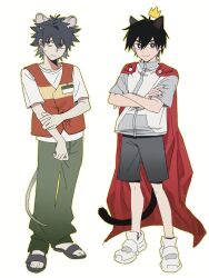  2boys absurdres animal_ears black_eyes black_hair black_shorts bright_pupils cape cat_boy cat_ears cat_tail chinese_commentary commentary_request crossed_arms crown false_memory gold_crown green_pants grey_shirt guan_chao_(false_memory) halo high-visibility_clothing high-visibility_vest high_collar highres looking_to_the_side male_focus mini_crown mouse_boy mouse_ears mouse_tail multiple_boys nervous_sweating outline pants protagonist_halo rangwomomoxiaogou red_cape sandals shirt shoes short_sleeves shorts simple_background slides sneakers sweat tail tear_troughs vest white_background white_pupils white_shirt white_shoes 