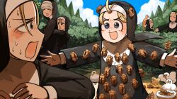  6+girls :d absurdres animal_on_head baby_animal bird blonde_hair blue_eyes brown_eyes brown_hair bug bush cat cat_on_head chicken closed_eyes clouds cloudy_sky clumsy_nun_(diva) cockroach commentary diva_(hyxpk) duck duckling english_commentary freckles froggy_nun_(diva) grey_hair highres imminent_hug little_nuns_(diva) multiple_girls nervous_sweating nun on_head outdoors outstretched_arms scared sheep_nun_(diva) sky smile spicy_nun_(diva) star_nun_(diva) star_ornament strict_nun_(diva) sweat traditional_nun tree 