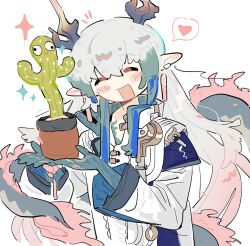  1boy :d arknights cactus chinese_commentary closed_eyes colored_extremities commentary_request dragon_boy dragon_horns dragon_tail earrings eastern_dragon_horns eastern_dragon_tail facing_viewer flower_pot green_hands green_streaks grey_hair hair_between_eyes heart highres holding holding_flower_pot horns jacket jewelry liuli_(xhs_8389233701) long_hair male_focus multicolored_hair open_mouth plant pointy_ears potted_plant smile solo sparkle spoken_heart streaked_hair tail upper_body white_background white_jacket yi_(arknights) 