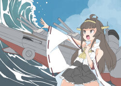  1girl ahoge blue_sky brown_eyes brown_hair brown_skirt cannon clouds commentary_request day detached_sleeves hairband headgear highres japanese_clothes kantai_collection kongou_(kancolle) kongou_pose long_hair nontraditional_miko open_mouth outdoors ribbon-trimmed_sleeves ribbon_trim rigging skirt sky smokestack solo tidal_wave toplow 