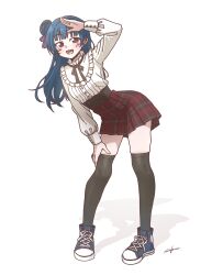  1girl :d absurdres black_ribbon black_thighhighs blue_hair blue_shoes commentary full_body hair_bun hair_ribbon highres long_hair long_sleeves looking_at_viewer love_live! love_live!_sunshine!! neck_ribbon plaid_clothes plaid_skirt pleated_skirt purple_ribbon rainforce red_skirt ribbon shirt shoes signature simple_background single_side_bun skirt smile sneakers solo thigh-highs tsushima_yoshiko violet_eyes white_background white_shirt 