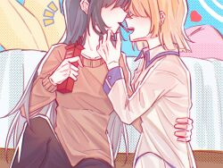  2girls bed blonde_hair blush breasts chinese_commentary commentary_request couple eye_contact flowers_(innocent_grey) food food_in_mouth from_side grey_hair hair_over_eyes hand_on_another's_chin hand_on_another's_waist heart highres komikado_nerine long_hair long_sleeves looking_at_another medium_breasts medium_hair multiple_girls notice_lines official_alternate_hairstyle open_mouth pajamas pants pillow pocky pocky_in_mouth pocky_kiss sitting smile spoken_heart sweater very_long_hair yanhuizuimo yatsushiro_yuzuriha yuri 