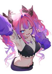 1girl :d ;d absurdres ahoge arm_up arm_warmers black_bow black_bra black_choker blue_eyes bow bra bra_over_clothes center-flap_bangs choker clothing_cutout colored_inner_hair commentary cropped_shirt cropped_torso gradient_hair hair_bow hair_intakes hand_up highres hololive hololive_dev_is kikirara_vivi kikirara_vivi_(1st_costume) long_hair looking_at_viewer multicolored_hair navel one_eye_closed open_fly open_mouth outstretched_arm pink_hair purple_arm_warmers purple_hair reaching reaching_towards_viewer sauce_darusungi shirt short_sleeves shoulder_cutout simple_background smile solo star-shaped_pupils star_(symbol) stomach symbol-shaped_pupils twintails two-tone_hair underwear untranslatable_commentary very_long_hair virtual_youtuber white_background white_shirt 