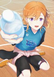  1girl absurdres black_shorts blue_shirt bottle clothes_around_waist commentary_request date_sayuri highres holding holding_bottle indoors jacket jacket_around_waist long_hair looking_at_viewer love_live! love_live!_superstar!! open_mouth orange_hair orange_shoes school_gym shibuya_kanon shirt shoes shorts sitting solo tuyuyohe5077 voice_actor_connection wariza water_bottle 