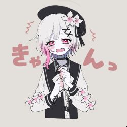  1girl belt beret black_choker black_coat black_hat center_frills choker coat collared_coat commentary_request fang flower flower-trimmed_sleeves frills furrowed_brow gradient_hair hair_flower hair_ornament hat hat_flower hat_ribbon highres long_sleeves looking_at_viewer mahou_shoujo_no_majo_saiban multicolored_hair neck_ribbon nemrzzz open_mouth pink_eyes pink_hair ribbon sakuraba_ema shirt short_hair simple_background skin_fang sleeveless sleeveless_coat solo translation_request white_background white_flower white_hair white_ribbon white_shirt white_sleeves x_hair_ornament 
