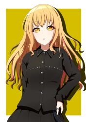  1girl alternate_hairstyle black_shirt black_skirt blonde_hair border closed_mouth commentary_request earrings hair_down hand_on_own_hip highres jewelry looking_at_viewer multicolored_hair nashinoki_remi orange_eyes outside_border pink_hair ring sample341114 shine_post shirt skirt solo white_border 
