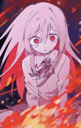  1girl @_@ artist_name black_skirt collared_shirt colored_inner_hair commentary_request fire grey_hair hair_between_eyes highres long_hair long_sleeves mahou_shoujo_no_majo_saiban multicolored_hair neck_ribbon nox_laurant pleated_skirt pursed_lips red_eyes red_hair ribbon shirt shito_alisa signature sitting skirt solo spoilers wariza white_shirt 