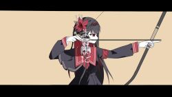  1girl aiming armband black_border black_capelet black_hair black_shirt black_skirt border bow_(weapon) capelet collared_shirt crown drawing_bow flower gloves hair_flower hair_ornament harumaking highres holding holding_bow_(weapon) holding_weapon letterboxed long_hair long_sleeves mahou_shoujo_no_majo_saiban mini_crown necktie nikaido_hiro pleated_skirt red_armband red_eyes red_flower red_necktie shirt side_capelet simple_background skirt solo translation_request upper_body weapon white_gloves white_shirt yellow_background 