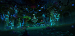  amphibia architecture commentary coral english_commentary fountain frog_girl glowing_engravings glowing_markings grass highres holding_vase indoors mushroom no_humans official_art overgrown pegushi plant ruins scenery statue vines water wide_shot 