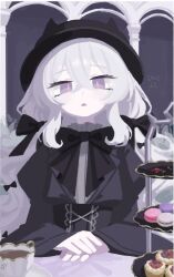  1girl aasan28810 arch black_bow black_bowtie black_dress black_hat bow bowtie cake commentary_request cross-laced_clothes cross-laced_dress crossed_bangs dress food gothic_lolita hair_between_eyes hair_bow hat juliet_sleeves lolita_fashion long_sleeves original own_hands_together puffy_sleeves sitting slit_pupils solo violet_eyes white_hair 