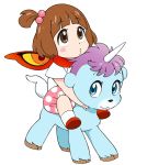  brown_eyes brown_hair child crossover hair_bobbles hair_ornament kill_la_kill mako_(macomaco7) mankanshoku_mako riding scarf senketsu short_hair side_ponytail sitting unico unico_(character) unicorn white_background younger 