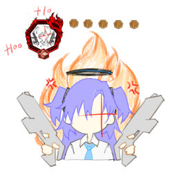  1girl anger_vein angry blue_archive blue_hair collared_shirt commentary_request dual_wielding gameplay_mechanics glint gun halo holding holding_gun holding_weapon limbus_company necktie project_moon shirt solo two_side_up weapon white_shirt wu_yan_xing_hen yuuka_(blue_archive) 
