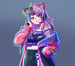  1girl animal_ear_headphones animal_ears bang_dream! bang_dream!_yumemita bare_shoulders black_hair collarbone commentary eggtempest fake_animal_ears fishnets grey_background grin hand_on_own_hip headphones long_sleeves looking_at_viewer midriff multicolored_hair red_eyes red_hair sengoku_yuno smile solo two-tone_hair 