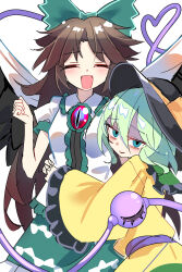  2girls bird_wings black_hat black_wings blush bow breasts brown_hair cape chest_eye closed_eyes collared_shirt commentary_request disembodied_linked_eye e.o. eyeball facing_viewer feathered_wings frilled_shirt_collar frilled_sleeves frills green_bow green_eyes green_hair green_skirt hair_between_eyes hair_bow hat hat_bow heart heart_of_string highres hug komeiji_koishi long_hair long_sleeves looking_at_viewer multiple_girls open_mouth reiuji_utsuho shaded_face shirt simple_background sketch skirt small_breasts smile third_eye touhou white_background white_cape white_shirt wide_sleeves wings yellow_bow yellow_shirt 