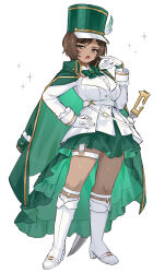 1girl absurdres boots bow bowtie brooch commentary_request dark-skinned_female dark_skin dress full_body gem gloves gold_trim green_bow green_bowtie green_dress green_gem green_hat hand_up hat high-low_dress highres jacket jewelry limbus_company long_sleeves looking_at_viewer magical_girl outis_(project_moon) project_moon ro/ku shako_cap solo sparkle sword weapon white_boots white_gloves white_jacket 
