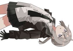  1girl absurdres ahoge black_gloves black_jacket black_necktie black_skirt cheyanne_(girls'_frontline_2) collared_shirt commentary_request cowboy_shot girls'_frontline_2:_exilium girls_frontline gloves grey_hair haida_katsuretsu highres jacket long_sleeves looking_at_viewer low_ponytail m200_(girls'_frontline) necktie pleated_skirt ponytail shirt simple_background skirt solo violet_eyes white_background white_shirt 
