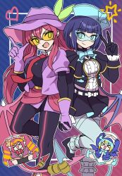  >_< 2girls belt blonde_hair blue-tinted_eyewear blue_bow blue_bowtie blue_hair bow bowtie chibi commentary_request duel_monster evil_twin_ki-sikil evil_twin_lil-la gloves hair_between_eyes hat highres holding_hands jacket ki-sikil_(yu-gi-oh!) lil-la_(yu-gi-oh!) live_twin_ki-sikil live_twin_lil-la long_hair long_sleeves low_wings multicolored_hair multiple_girls necktie open_mouth pants pink_gloves pink_hair purple_jacket red_necktie short_hair sidelocks skirt tinted_eyewear twintails wadatsumi_(sense11531153) wings yellow-tinted_eyewear yu-gi-oh! 
