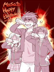  1girl 2boys ^_^ bat_hair_ornament bottle bow bowtie character_name closed_eyes commentary_request cowboy_shot dated drinking explosion greyscale_with_colored_background hair_ornament hand_on_own_hip hand_up happy_birthday height_difference holding holding_bottle inohara_masato jacket little_busters! little_busters!_school_uniform long_hair long_sleeves male_focus miniskirt misaki_juri multiple_boys naoe_riki noumi_kudryavka o_o one-hour_drawing_challenge open_clothes open_jacket outline pants plaid_clothes plaid_skirt pleated_skirt school_uniform shaded_face shirt short_hair side-by-side skirt spiky_hair sweatdrop thick_eyebrows thigh-highs v-shaped_eyebrows white_outline zettai_ryouiki 