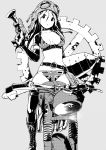  1girl absurdres belt bicycle bikini boots fukushima_masayasu gloves gun hat highres monochrome simple_background solo swimsuit union_jack weapon 