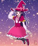  1girl 2016 black_legwear bow dated gradient gradient_background hat hat_bow izayoi_liko kneehighs long_hair looking_at_viewer mahou_girls_precure! pink_background pink_shoes pink_skirt plaid plaid_bow precure purple_background purple_hair red_hat shimeta_hiromitsu shirt shoes skirt smile solo sparkle violet_eyes white_shirt witch_hat 