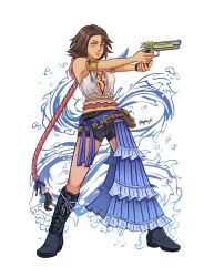  1girl armband bare_shoulders black_boots black_shorts blue_eyes blue_skirt boots breasts brown_hair closed_mouth final_fantasy final_fantasy_x final_fantasy_x-2 green_eyes gun half-skirt handgun heterochromia highres holding holding_gun holding_weapon kojima_jk medium_breasts medium_hair midriff plunging_neckline shirt shorts skirt solo standing under_boob water_drop weapon white_background white_shirt yellow_armband yuna_(ff10) 