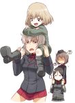  ... 4girls ? blonde_hair blue_eyes boots crossed_arms dress_shirt fang garrison_cap half-closed_eyes hat hat_removed headwear_removed helmet itsumi_erika jacket katyusha long_sleeves military military_uniform miniskirt multiple_girls nishizumi_maho nonna open_mouth piggyback pleated_skirt red_shirt red_skirt shirt short_jumpsuit silver_hair skirt spoken_ellipsis spoken_question_mark standing sweatdrop tabigarasu unamused uniform white_background 