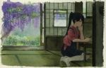  1girl blue_hair commentary_request hakama houshou_(kantai_collection) japanese_clothes kantai_collection kimono long_hair on_floor pantyhose ponytail shijukara_(great_tit) sitting smile solo table tasuki tatami traditional_media tree watercolor_(medium) white_legwear yokozuwari 