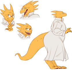  1girl alphys buck_teeth closed_lab_coat colored_skin full_body furry furry_female glasses happyds lab_coat nervous_smile nervous_sweating open_mouth reptile_girl sketch smile standing sweat teeth undertale upper_body utdr_(toby_fox) yellow_skin 