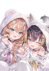  2girls animal_ears aqua_eyes aqua_nails bear_ears belt_collar black_choker black_hair blonde_hair blue_eyes braid choker collar commentary_request crossed_bangs fake_animal_ears fang hair_between_eyes hair_ornament highres igarashi_rika long_hair long_sleeves looking_at_viewer momoko_(momopoco) multicolored_hair multiple_girls nijisanji nijisanji_en o-ring o-ring_choker official_artist_extra one_eye_closed open_mouth orange_hair paw_pose petra_gurin smile streaked_hair tail teeth upper_teeth_only virtual_youtuber white_hair white_streaks wolf_ears wolf_tail 